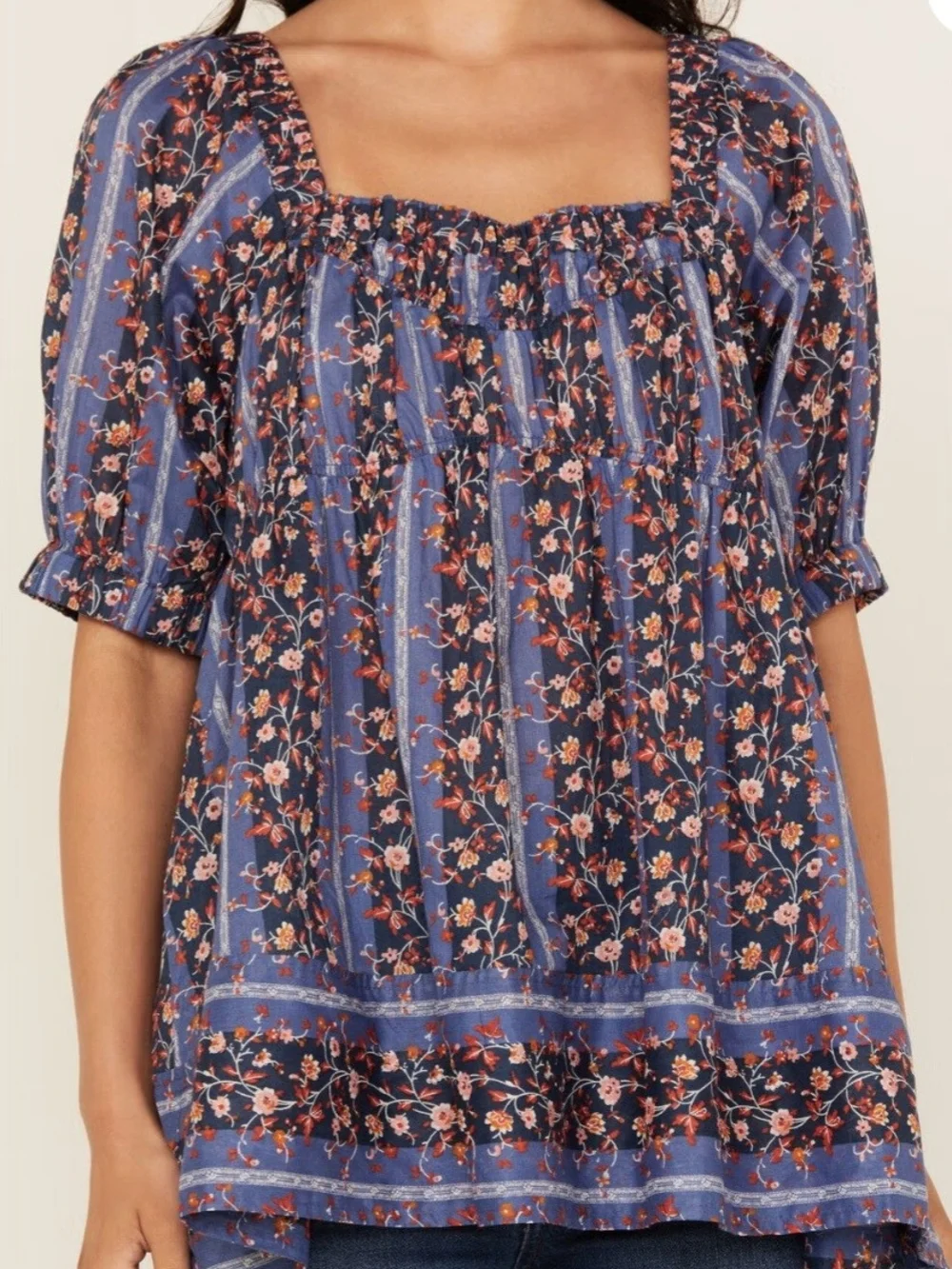 Free People Vintage Lover Floral Print Short Sleeve Blouse XS Like New Boho